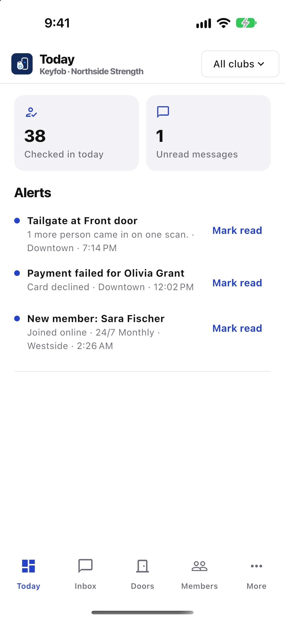 The staff side of the app with today's alerts